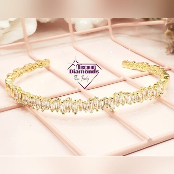 Assymmetric Bagutte Diamond Bangle Bracelet 14K Gold  on 925 Silver - Picture 1 of 8